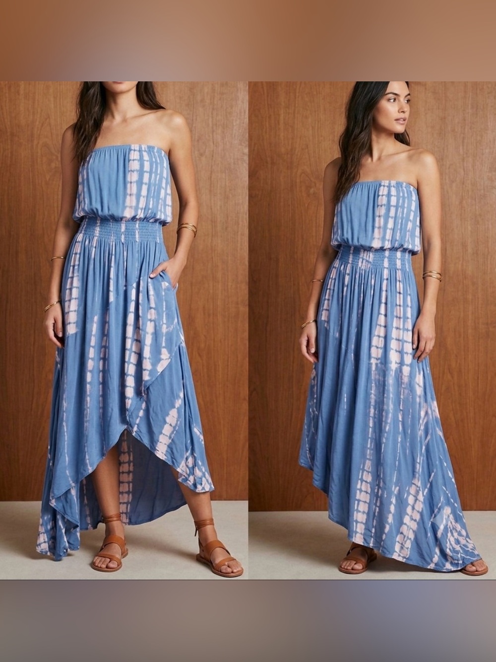 Storia Strapless Blue and Light Blush Tie-Dye High-Low Maxi Dress